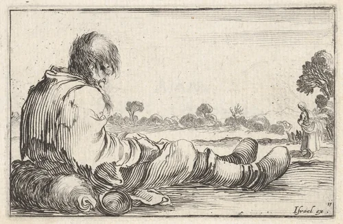Plate 11: An old man sitting on the ground to left, seen from behind, a peasant woman seen from behind to right in background, from "Caprice faict par de la Bella" by Stefano della Bella, print, 1640-1645