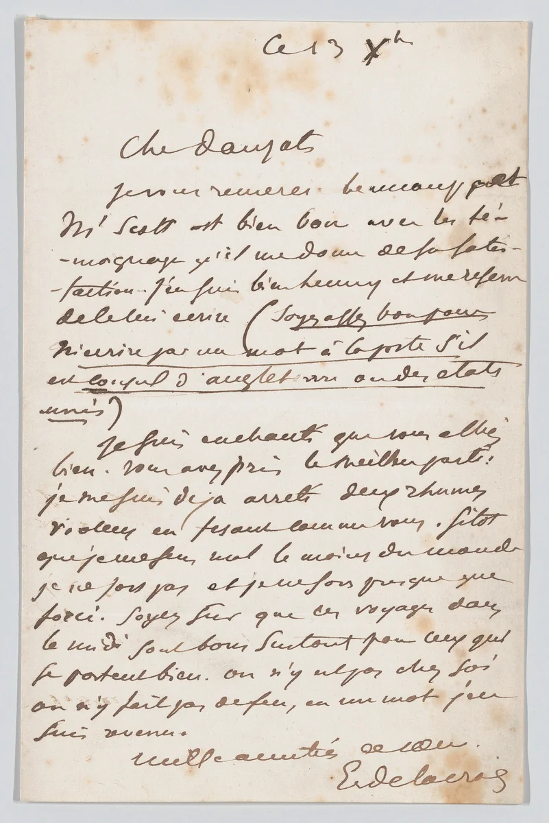 Letter to Adrien Dauzats by Eugène Delacroix, other, 1845