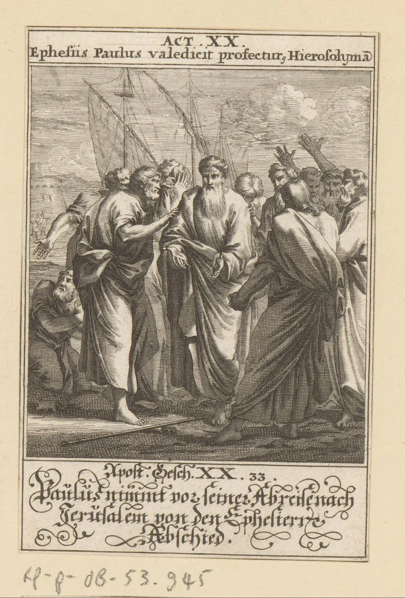 Apostel Paulus neemt afscheid van de ouderlingen van Efeze by anonymous, print, 1697