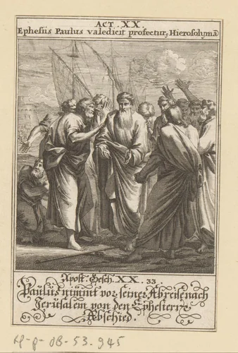 Apostel Paulus neemt afscheid van de ouderlingen van Efeze by anonymous, print, 1697