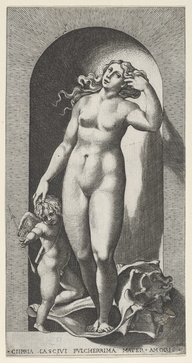 Plate 10: Venus in a niche, standing on a conch shell, with Cupid to her right, from "Mythological Gods and Goddesses" by Giovanni Jacopo Caraglio, print, 1526