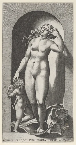 Plate 10: Venus in a niche, standing on a conch shell, with Cupid to her right, from "Mythological Gods and Goddesses" by Giovanni Jacopo Caraglio, print, 1526