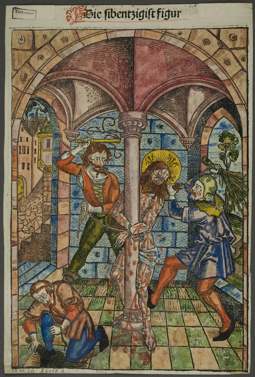 The Scourging of Christ (verso), and The Israelites Enslaved in Egypt (recto), from Schatzbehalter (Treasury) by Michel Wolgemut, print, 1491