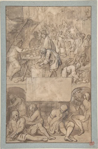 Study for a Title-Page: Allegory of Commerce and a Debtor's Prison (?) by Romeyn de Hooghe, drawing, 1660-1708