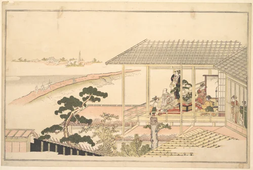 A Party of Merrymakers in a House in the Yoshiwara on a Moonlight Night by Kitagawa Utamaro (喜多川歌麿), print, 1789