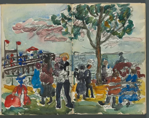 Sketchbook, The Dells, N° 127, page 122 & 123: Figures on a Coast by Maurice Prendergast, book, 1919-1921