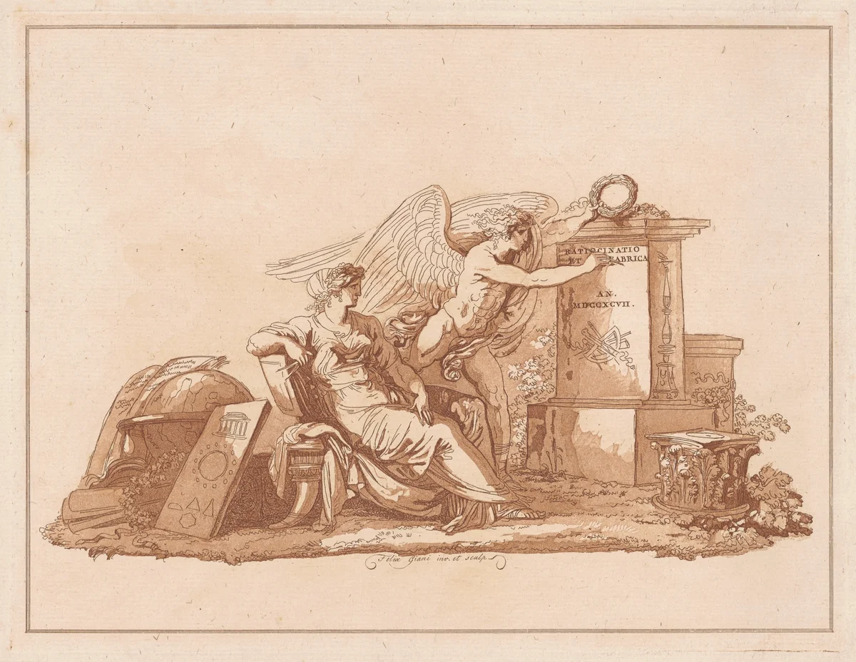 Personification of Architecture with the Genius of the Fine Arts by Felice Giani, print, 1797