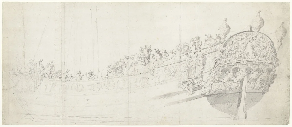 Het Hollandse oorlogsschip St. Catharina by Willem van de Velde, drawing, 1643-1707
