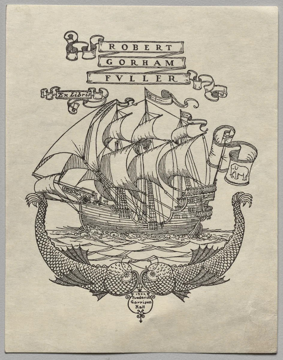 Bookplate: Robert Gorham Fuller, Ex Libris inscribed by Frederick Garrison Hall, print