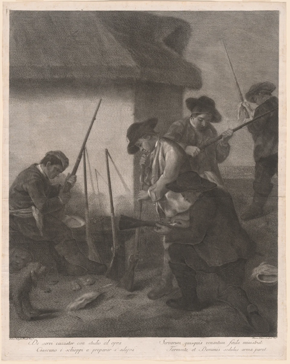 De Servi Cacciator... (Servants Preparing the Guns for the Hunt) by Marco Alvise Pitteri; Pietro Longhi, print, 1763