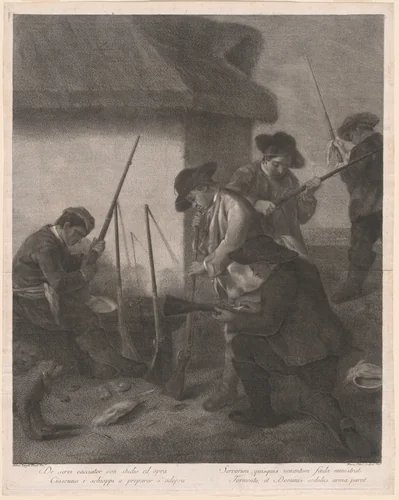 De Servi Cacciator... (Servants Preparing the Guns for the Hunt) by Marco Alvise Pitteri; Pietro Longhi, print, 1763