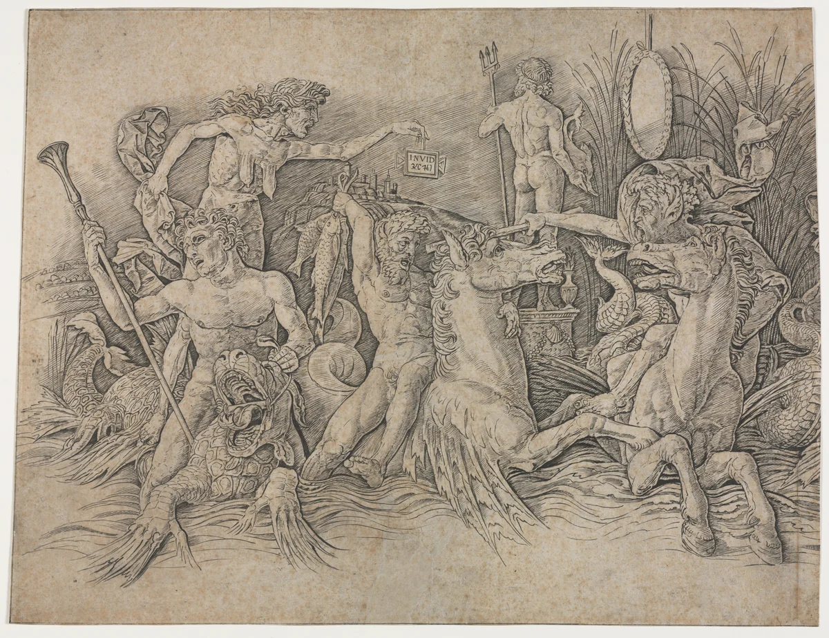 Battle of the Sea Gods - left portion by Andrea Mantegna, print, 1485-1488