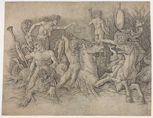 Battle of the Sea Gods - left portion by Andrea Mantegna, print, 1485-1488