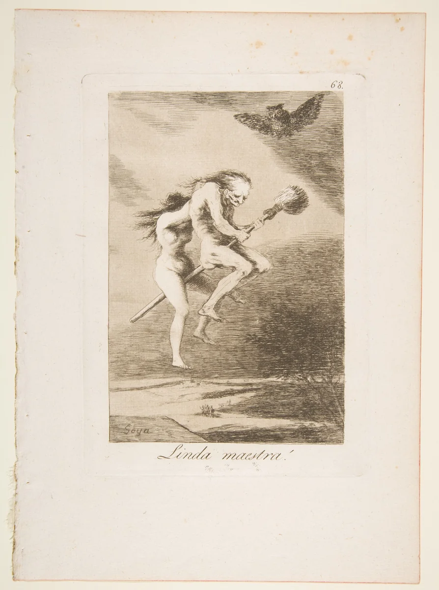 Plate 68 from "Los Caprichos": Pretty teacher! (Linda maestra!) by Goya, print, 1799