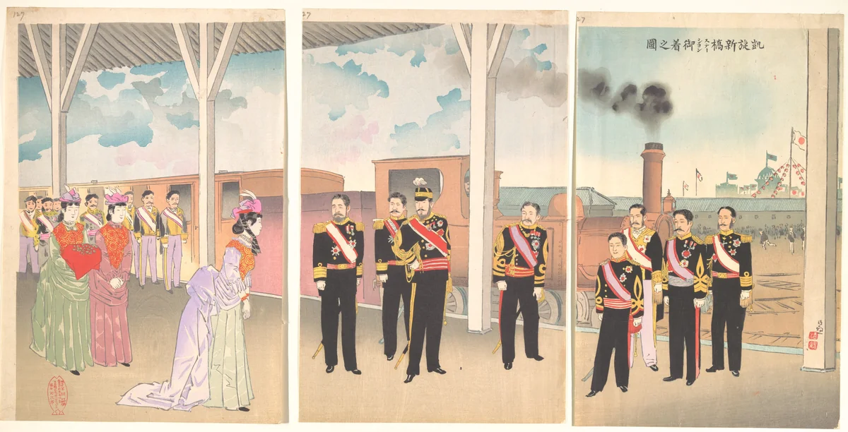 Triumphant Arrival of the Emperor at Shinbashi Station by Kobayashi Kiyochika, print, 1895