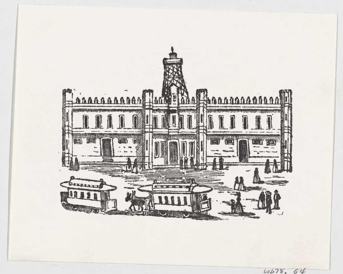 Carriages and people in a town square by José Guadalupe Posada, print, 1875-1885