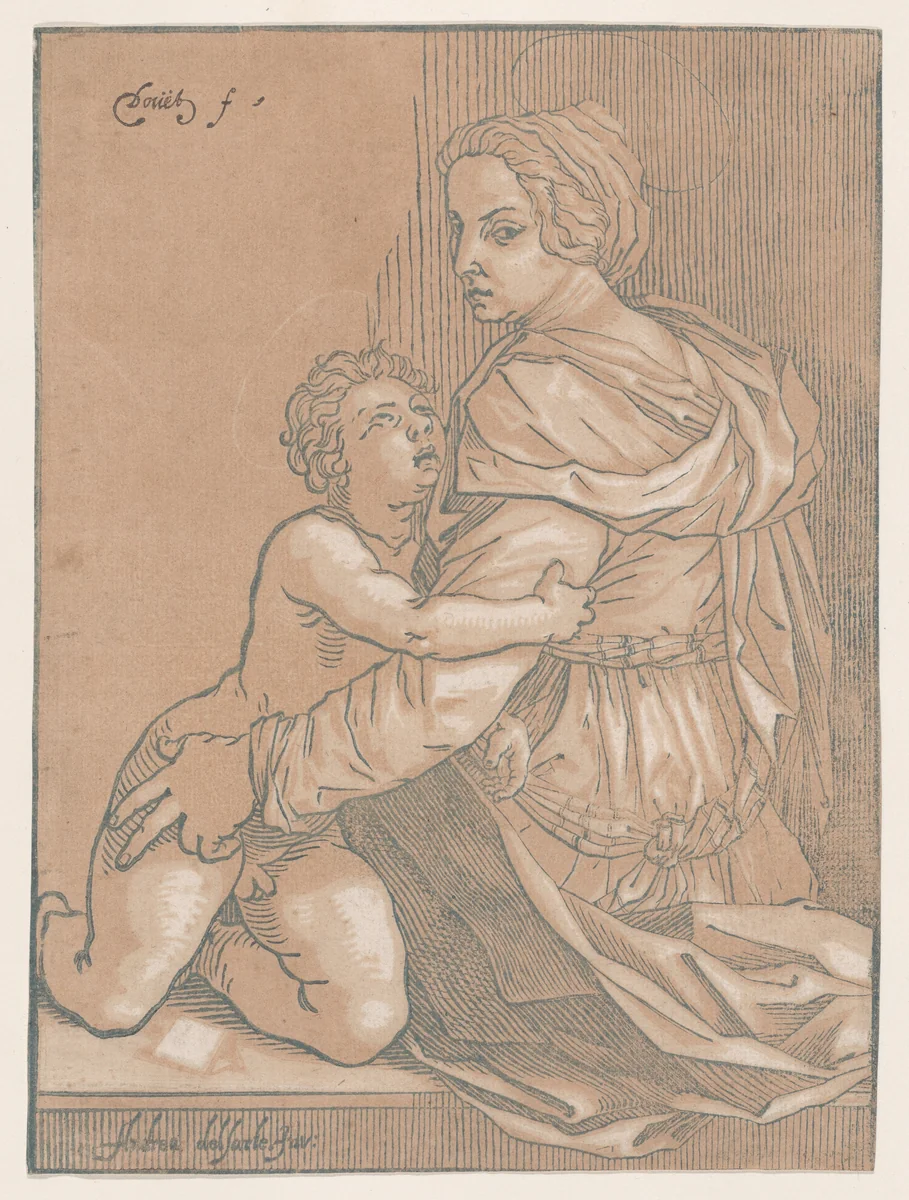 Virgin and child by Edmond Douet, print, 1525-1535