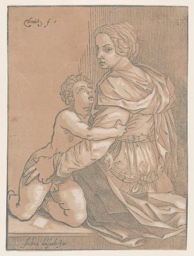 Virgin and child by Edmond Douet, print, 1525-1535
