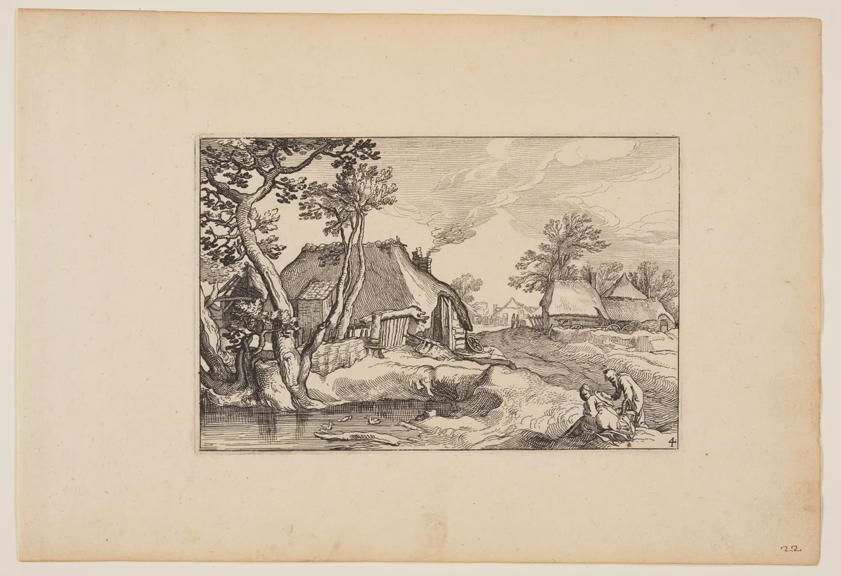 Old Man and Woman Resting at a Pond, from Landscapes (Verscheyden aerdige Lanthuysen...) by Claes Jansz Visscher, print, 1620