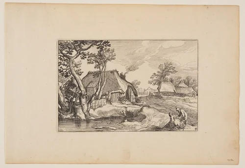 Old Man and Woman Resting at a Pond, from Landscapes (Verscheyden aerdige Lanthuysen...) by Claes Jansz Visscher, print, 1620
