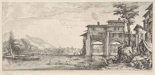 View of bathers and a large building at the right, from "Italian landscapes" (Diverse vedute designate in Fiorenza / Paysages italiens) by Jacques Callot, print, 1618-1635
