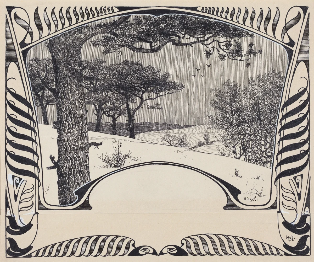 A Winter Landscape Within a Jugendstil Border by Hermann Hirzel, drawing, 1902