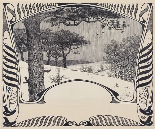 A Winter Landscape Within a Jugendstil Border by Hermann Hirzel, drawing, 1902