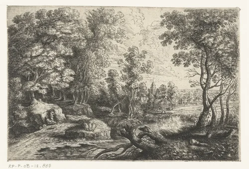 Landschap met een beek en twee mannen rustend onder een boom by Lucas van Uden, print, 1605-1673