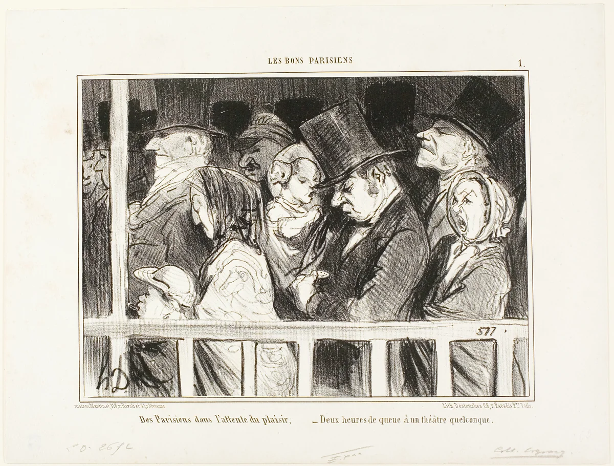 Parisians looking forward to some fun. Queuing up for two hours in front of any theater in town, plate 1 from Les Bons Parisiens by Honoré-Victorin Daumier, print, 1855