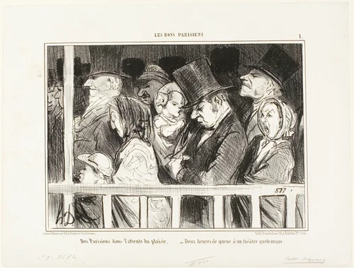 Parisians looking forward to some fun. Queuing up for two hours in front of any theater in town, plate 1 from Les Bons Parisiens by Honoré-Victorin Daumier, print, 1855