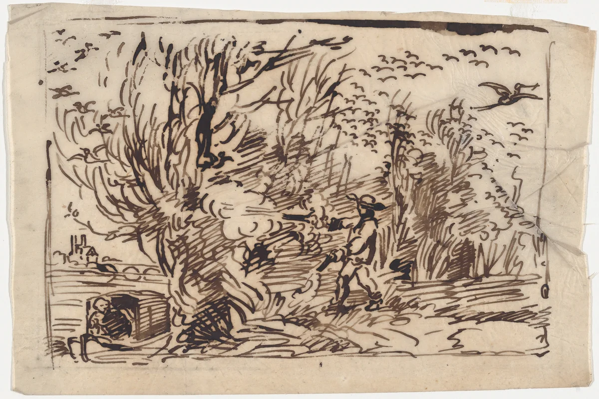 Hunting for Birds: The Cabin Boy Scares the Birds by Charles-François Daubigny, drawing, 1862