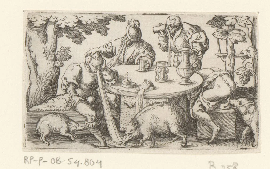 Vier dronkaards aan een tafel met drie zwijnen by Unknown, print, 1524-1562