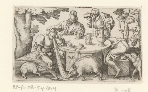 Vier dronkaards aan een tafel met drie zwijnen by Unknown, print, 1524-1562