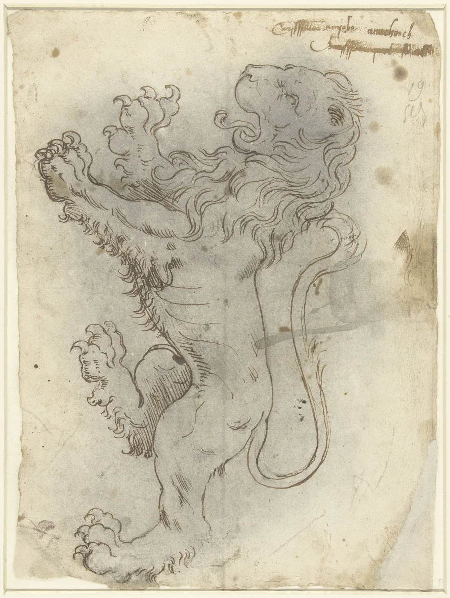Klimmende leeuw by anonymous, drawing, 1550-1599