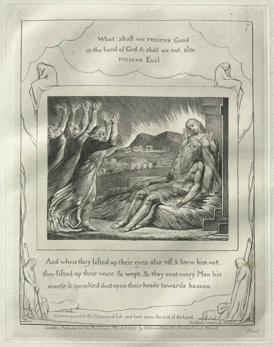 The Book of Job: No. 7, And When they had lifted up their eyes afar off and knew him not, they lifted up their voices and wept by William Blake, print, 1825