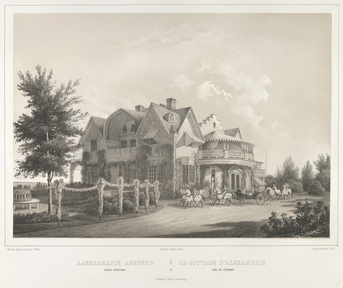 Le Cottage D'Alexandrie près de Péterof, from "Vues pittoresques des palais & jardins impériaux aux environs de St. Petersbourg" by J. Meyer, print, 1845-1855