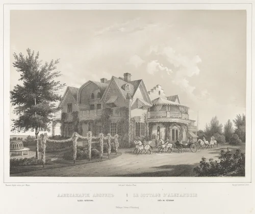 Le Cottage D'Alexandrie près de Péterof, from "Vues pittoresques des palais & jardins impériaux aux environs de St. Petersbourg" by J. Meyer, print, 1845-1855