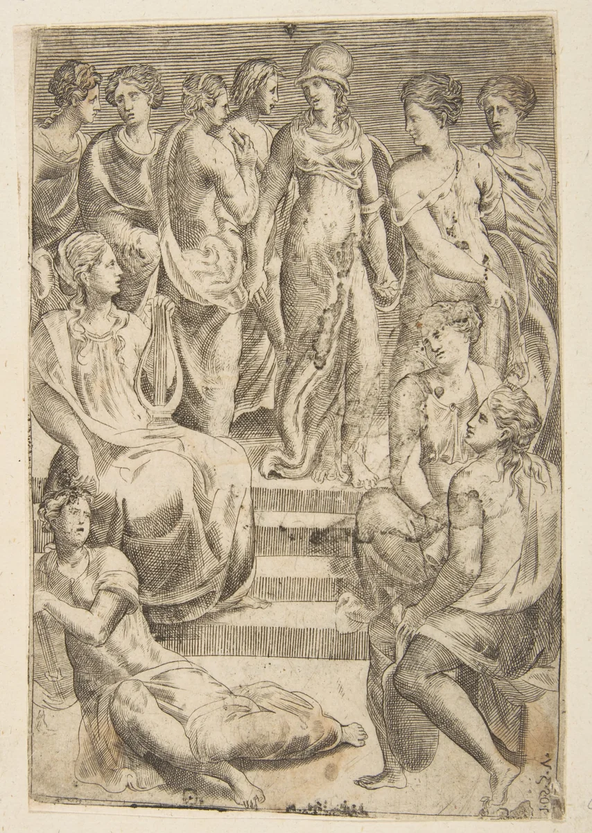 Minerva and the Arts and Sciences by Giulio Bonasone, print, 1531-1590