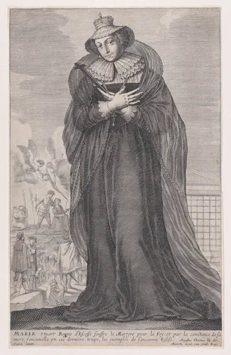 Mary, Queen of Scots with the scene of her execution (from "La Gallerie des Femmes Fortes," page 350) by Gilles Rousselet, print, 1647