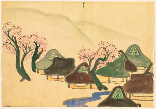 Flowers of a Hundred Worlds (Momoyogusa): Farming Village in Spring (Harudenka) by Kamisaka Sekka, drawing, 1909