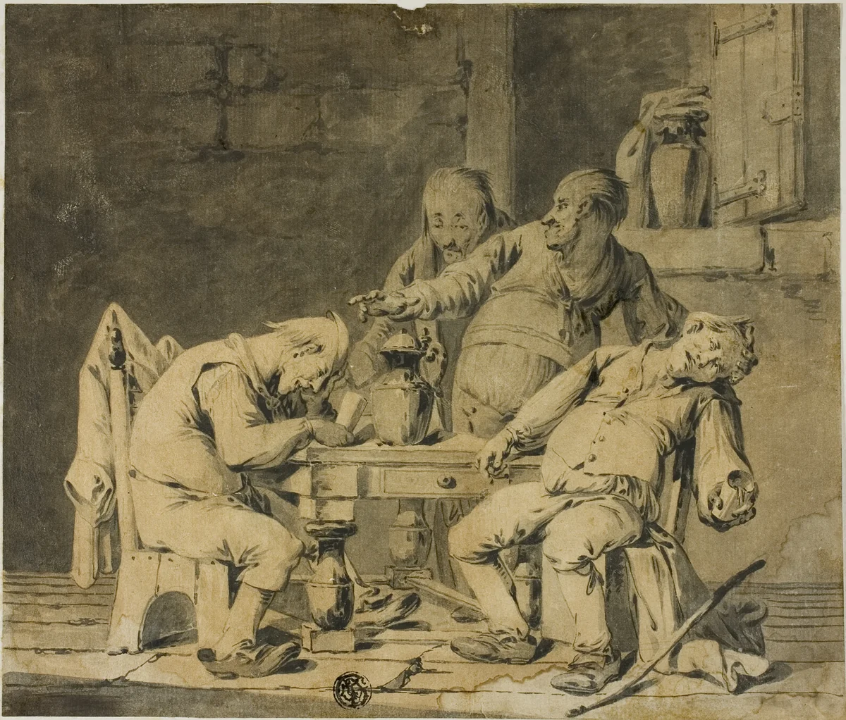 Four Drunken Peasants at Table by David Teniers the Younger, drawing, 1700-1799