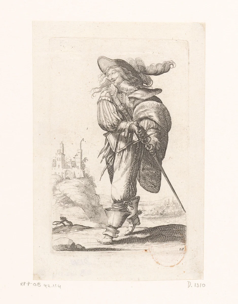 Franse edelman, zijn degen trekkend, gekleed volgens de mode van ca. 1630 by Abraham Bosse, print, 1629