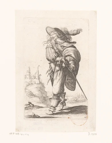 Franse edelman, zijn degen trekkend, gekleed volgens de mode van ca. 1630 by Abraham Bosse, print, 1629