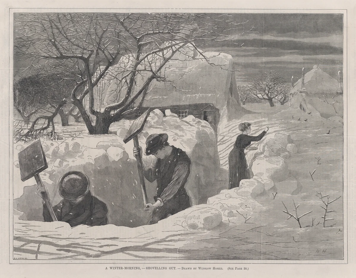 A Winter Morning – Shovelling Out (Every Saturday, Vol. II, New Series) by Winslow Homer, print, 1871