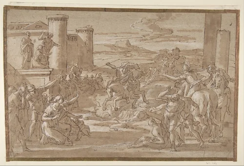 Marcus Curtius Leaping into the Chasm (recto); Study of a Seated Crowned Female Figure (verso) by Luigi Garzi, drawing, 1638-1721