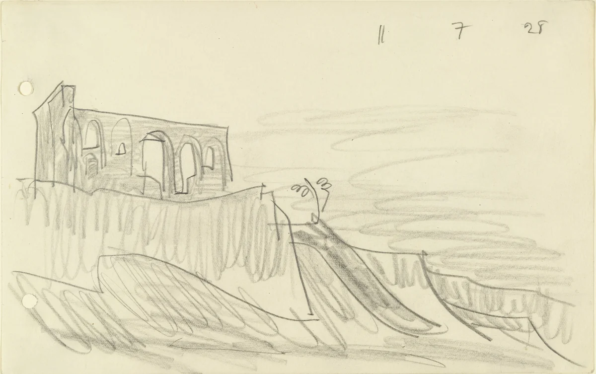 Ruin on the Cliff by Lyonel Feininger, drawing, 1928