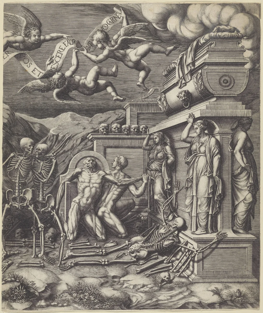 Visioen van Ezechiël over het dal van beenderen, rechterhelft by Unknown, print, 1530-1582