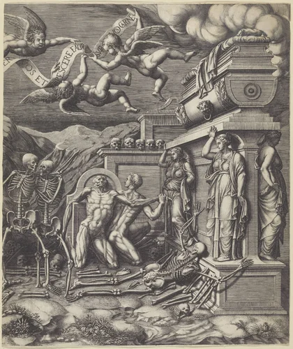 Visioen van Ezechiël over het dal van beenderen, rechterhelft by Unknown, print, 1530-1582
