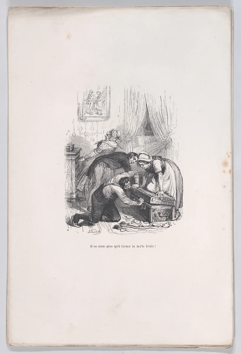 All that remains is to close the blessed trunk!, from "Little Miseries of Human Life" by J. J. Grandville, print, 1843
