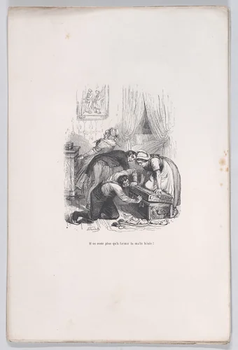 All that remains is to close the blessed trunk!, from "Little Miseries of Human Life" by J. J. Grandville, print, 1843